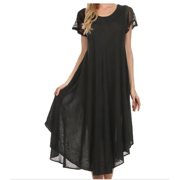 Sakkas Dresses & Skirts - Sakkas Caftan Dress One Size Black Gauzy Embroidered Short Sleeve Boho